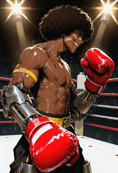 masterpiece, Top quality, amazing quality, very aesthetic, absurd, high resolution, NEW, sombreado suave, superficies brillantes, subtle lighting, glow, high contrast, shiny skin, anime style,a boy,brown skin,by the afro,(profile portrait),( close),(On Bo...