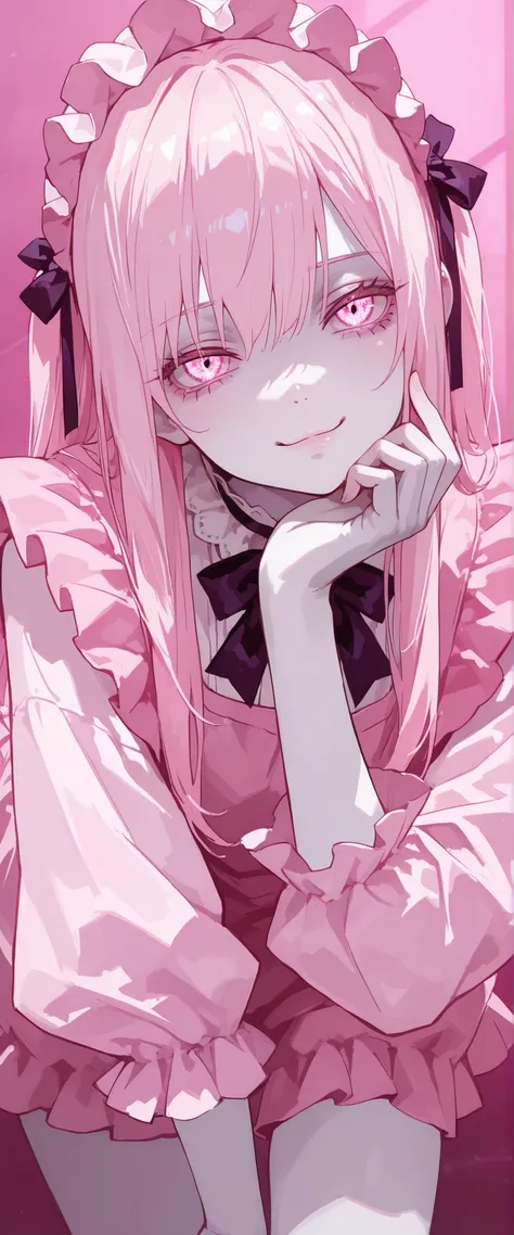 masutepiece, Highest Quality, (Perfect face:1.1), (high detailing:1.1), (ultradetailed eyes), Dramatic, superfine illustration, Extremely detailed, 1girl in, (pale skin), Soft expression,Pink Long Hair, Ethereal eyes, (light eyebrow), {((Smile))}, Solo, L...