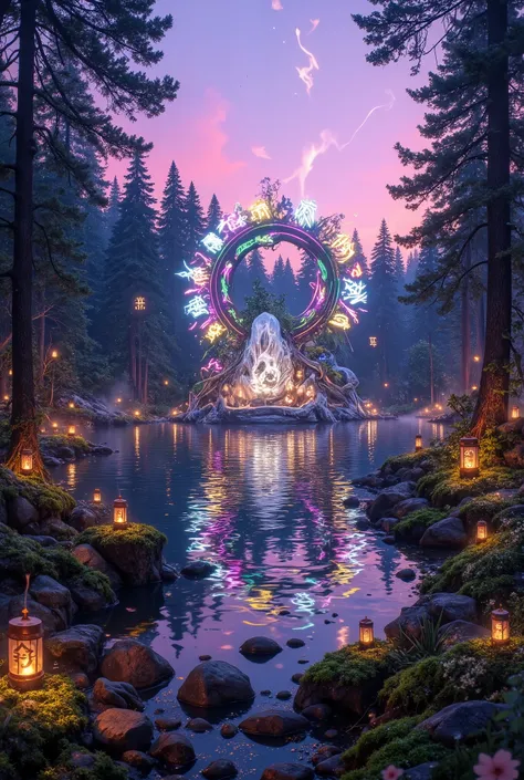 *Imagine a transcendent music festival set in a hidden, enchanted forest at twilight. The sky is painted in brilliant gradients of soft pink, deep purple, and shimmering blue, while the forest floor is blanketed by luminescent moss and dewdrops that catch ...