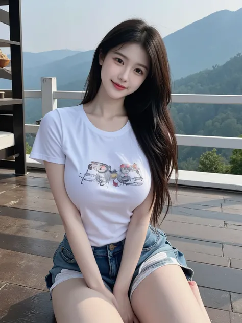 nsfw:1.2, white printed T-shirt, break, white panties, break, denim mini skirt, sitting in a kneeling position, focused on thigh, mountain cabin, on the roof, morning glow, distant mountain range, shot from below, from a diagonal front angle, ((masterpiece...
