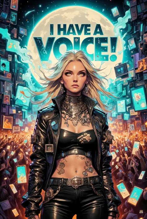 A dark-haired young female rock star with a microphone in her hand, probably 18-25 years old, with light brown skin and intense gaze, running fast from a crowd of thousands of fans.  Her expression is determined and focused.  She is wearing a black leather...