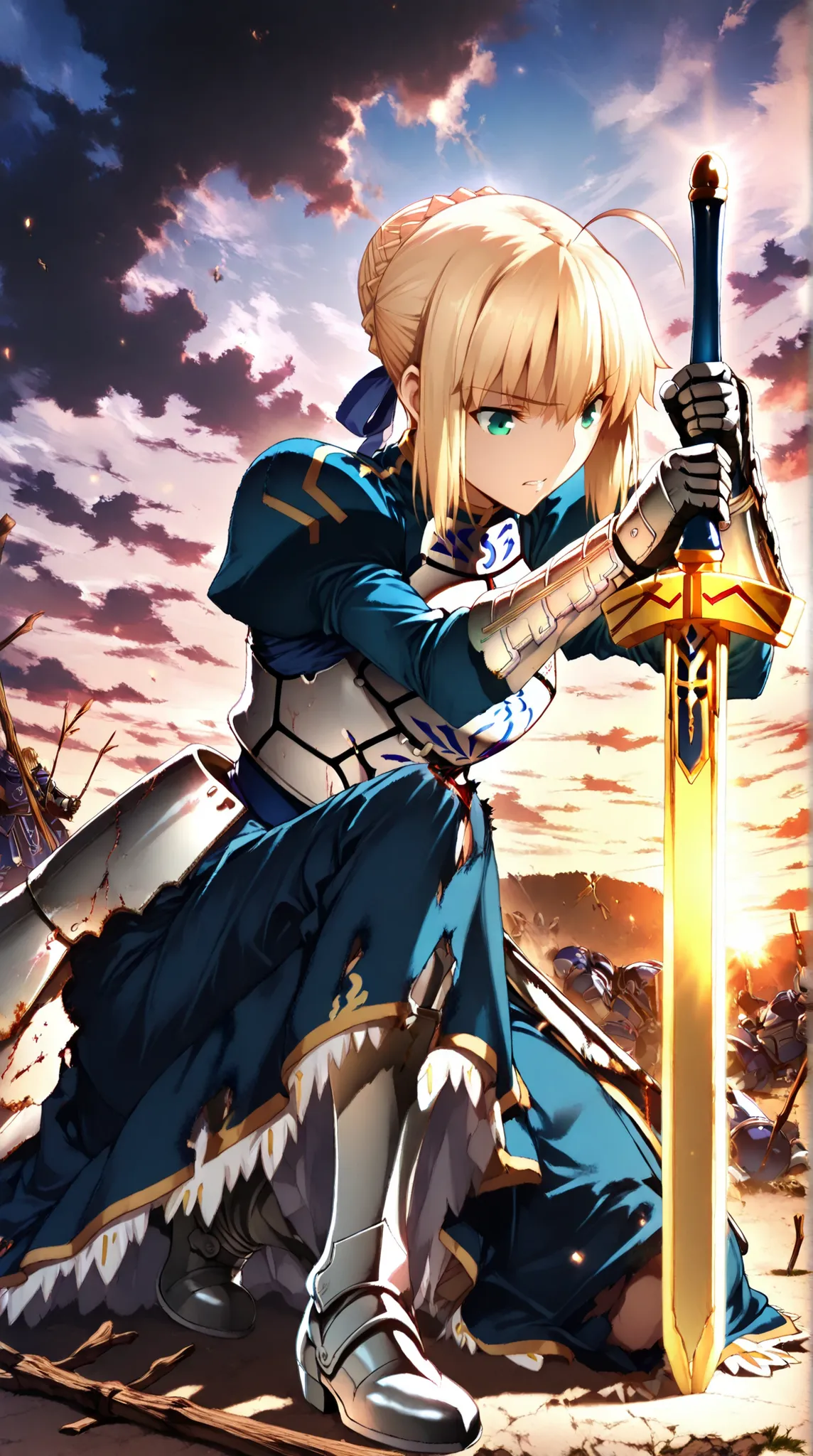 (solo, knowing, destiny: Gold, green eyes), (Low-cut bun hair, Armor Plate, Iron shoulder, Iron Boots),(((((Excalibur Sword))))), Deep Eyes, in their 40s: (Kamran Hill), The sunset shines through the clouds all over the sky, (dark art, battlefield),((((...