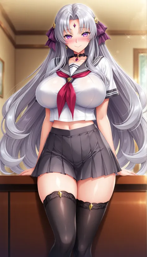 masterpiece, best quality, good quality, 1girl, Fáfnira Dracour, grey hair, long hair, violet eyes, large medium breasts, slim, game cg style, blush, horny, slutty, smile, sailor style, pleated mini skirt, black thighhighs