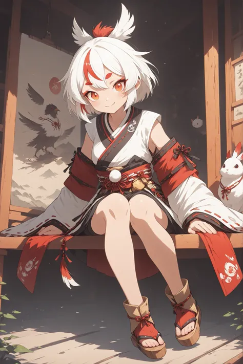 (( thin and soft painting style)) 、1girls looking at rabbits、solo、Sit on the veranda of a shrine、Tengu Girl、Empty Dog Decor、tengu costume 、tengu feather、Tengu clogs 、Red eyebrows、white hair, Highlight Hair, Red Streaked Hair、Yellow porn、squint、boyish、smi...