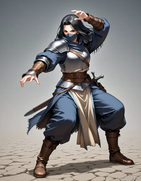 Tactics Ogre style,Medieval Fantasy Style、black hair,Assassin,mask,in a dynamic pose、nostalgia,『Sleepless nights』