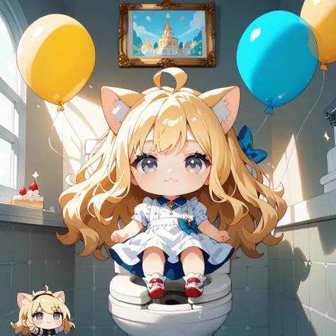 blonde long hair on toilet seat,Chibi Characters,gal,gray eyes,and I'm wearing a white dress,Wearing cat ears,There is a big birthday cake in the middle,Balloons flying in the background,Sparkling background,interior