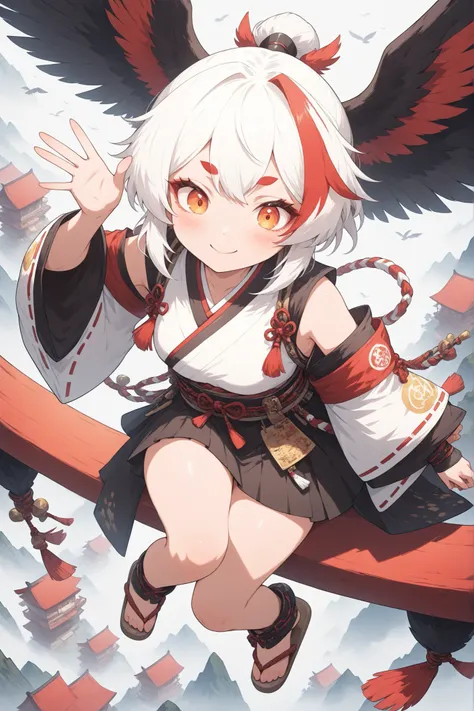 thin and soft painting style 、1girls looking at rabbits、solo、Sitting on a torii gate、Looking down from above、Tengu Girl、Empty Dog Decor、tengu costume 、handkerchief、tengu feather、Tengu clogs 、Red eyebrows、white hair, Highlight Hair, Red Streaked Hair、Yel...