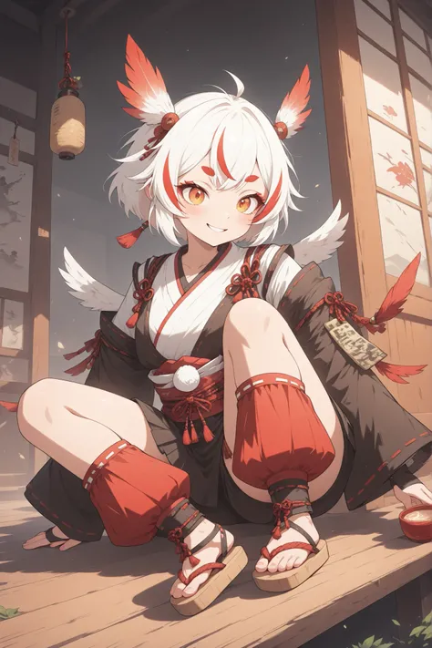(( thin and soft painting style)) 、1girls looking at rabbits、solo、Sit on the veranda of a shrine、Drinking alcohol with an ochoko、Tengu Girl、Empty Dog Decor、tengu costume 、tengu feather、Tengu clogs 、Red eyebrows、white hair, Highlight Hair, Red Streaked Ha...