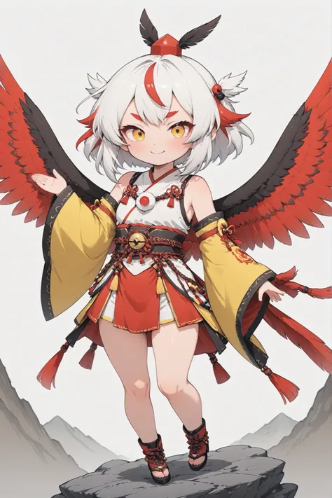 thin and soft painting style 、Tengu Girl、Empty Dog Decor、tengu costume 、handkerchief、tengu feather、Tengu clogs 、Red eyebrows、white hair, Highlight Hair, Red Streaked Hair、Yellow porn、squint、boyish、smile