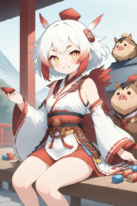 (( thin and soft painting style)) 、Light effects、anime、1girls looking at rabbits、solo、Sit on the veranda of a shrine、Drink alcohol with Japanese boar guts、Tengu Girl、Empty Dog Decor、tengu costume 、((tengu feather))、Tengu clogs 、Red eyebrows、white hair, H...