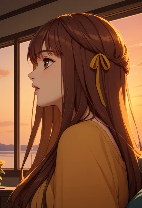 score_9, score_8_up, score_7_up, Blake Mica , 1 girl, pictures (object), yellow hair ribbon, long hair, side lock,  straight hair , sunset, Profile, brown hair, parted lips, portrait, from the side, brown eyes in the bedroom, open your mouth, close-up, ora...