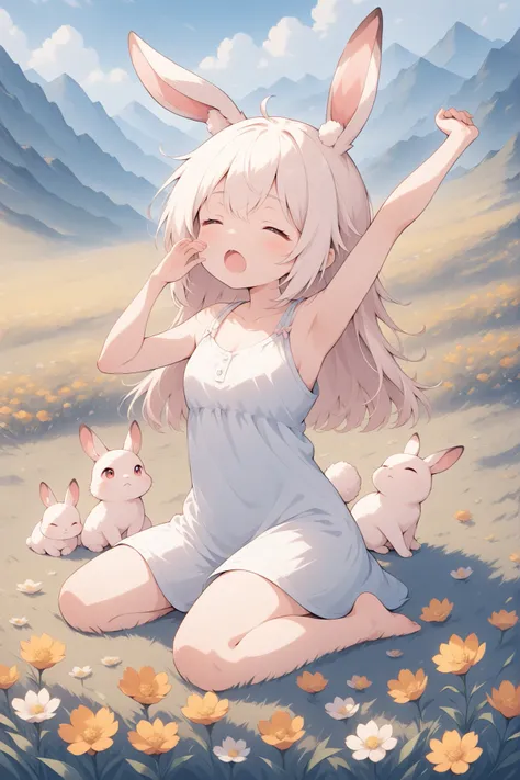 thin and soft painting style, warm sunshine 、Flower Field、Cute Rabbit、Lie down and stretch、Yawning