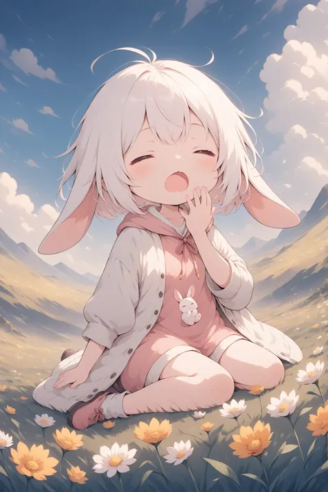 thin and soft painting style, warm sunshine 、Flower Field、Cute Rabbit、lie down、Yawning