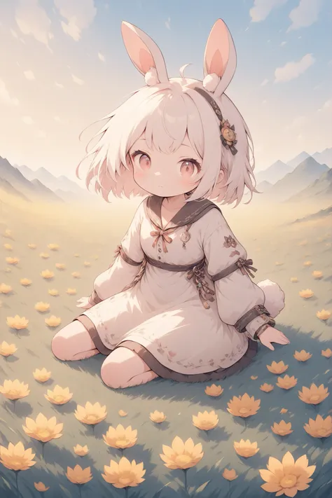 thin and soft painting style, warm sunshine 、Flower Field、Cute Rabbit、sit、>_<