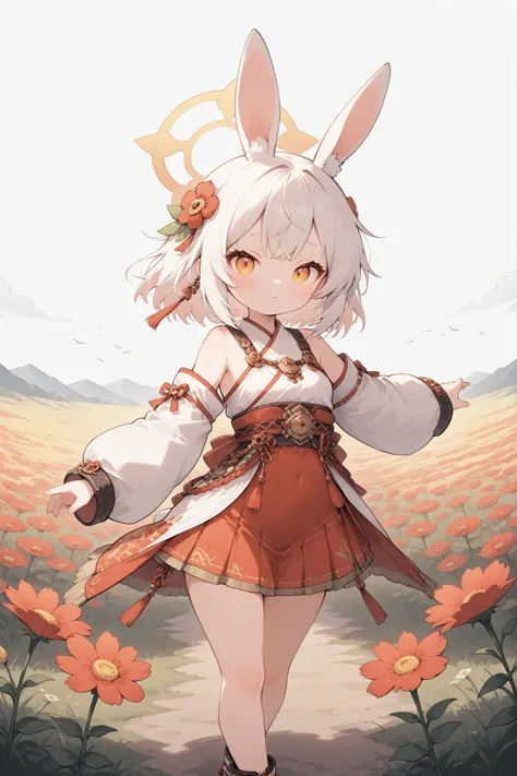 thin and soft painting style, warm sunshine 、Flower Field、Cute Rabbit、Sprint、>_<