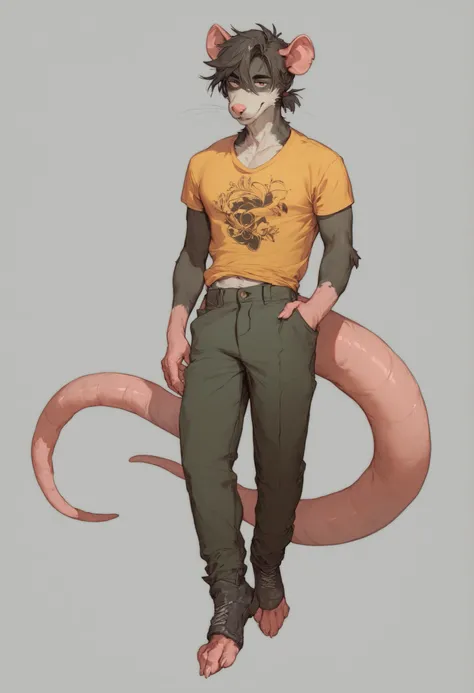 Anthropomorphic male furry rat，Character setting，Dark color scheme，The face is more human-like，Firm eyes, full body design, fullbody portrait, nsfw, medium hair and low bangs, very very long tail.