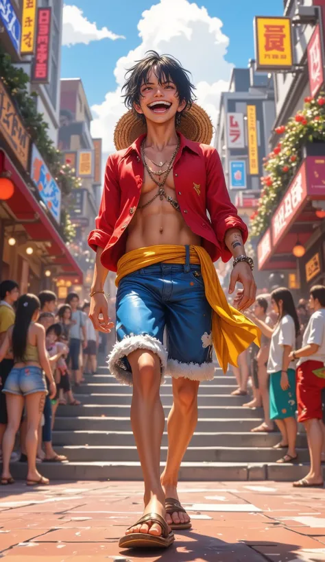 A full-body cinematic portrait of Monkey D. Luffy from One Piece, realistic live action style, walking confidently through a famous location from One Piece, such as the bustling streets of Water 7, the grand steps of the Marineford plaza, or the lively por...