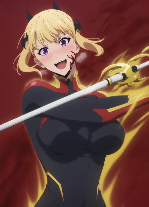 (simple background, red background, blood on background),
head tilt,
anime screencap,anime coloring,

(masterpiece, best quality:1.2),

haein2, 1girl, solo, blonde hair, purple eyes, short hair, bodysuit, open mouth, looking at viewer, hair ornament, breas...