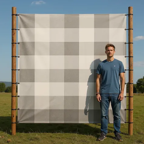 arafed man standing in front of a large plaid blanket, portrait photo of a backdrop, huge scale, giant scale, large scale photo, scenic full shot, promo shot, 3 2 x 3 2, 1 6 x 1 6, gigantic scale, enormous scale, non-illuminated backdrop, large scale, adve...