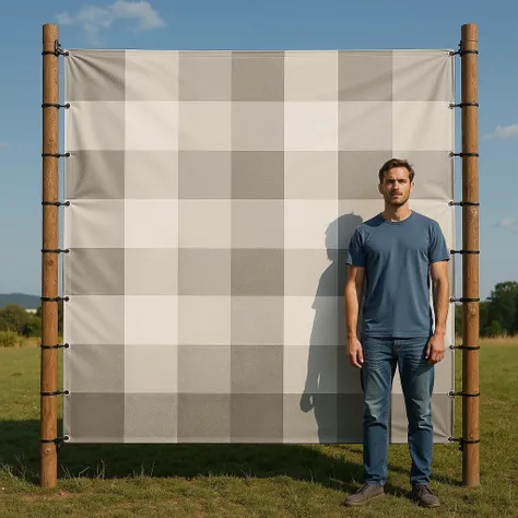 arafed man standing in front of a large plaid blanket, portrait photo of a backdrop, huge scale, giant scale, large scale photo, scenic full shot, promo shot, 3 2 x 3 2, 1 6 x 1 6, gigantic scale, enormous scale, non-illuminated backdrop, large scale, adve...