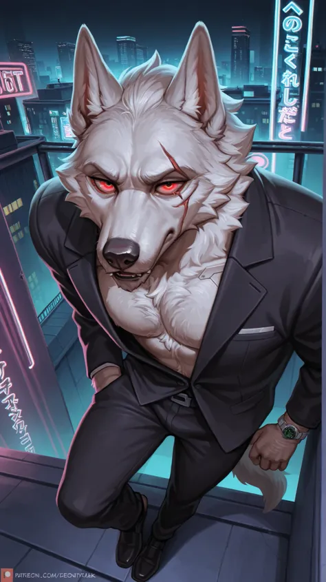 masterpiece,Highest Quality,great quality, Self-expression solo, anthro,rooftop、Realistic neon cityscape gentleman
werewolf man black suit, white body hair red eyes, facial wound in the middle, , male, Rugged, Wolf Youth All Back
cyberpunk, neon light, Wat...
