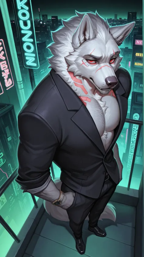 masterpiece,Highest Quality,great quality, Self-expression solo, anthro,rooftop、realistic cityscape gentleman with neon lights
Wolf, black suit, white body hair red eyes, Facial scars, green, male, Rugged, Wolf Youth All Back
cyberpunk, neon light, Watch...