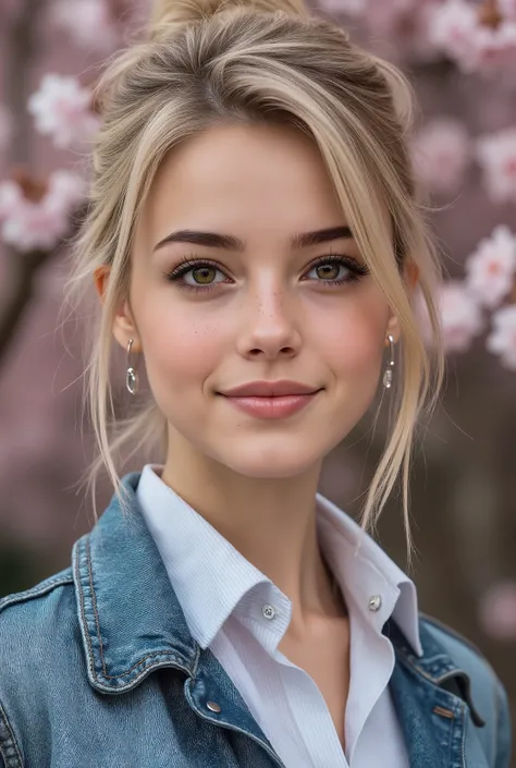 masterpiece, best quality, amazing quality, super realistic, soft lighting, freckles, messy bun, neutral makeup, beautiful face, detailed skin texture, surprise, amazement, shallow depth of field, cherry blossom background, light and airy, woman, wearing d...