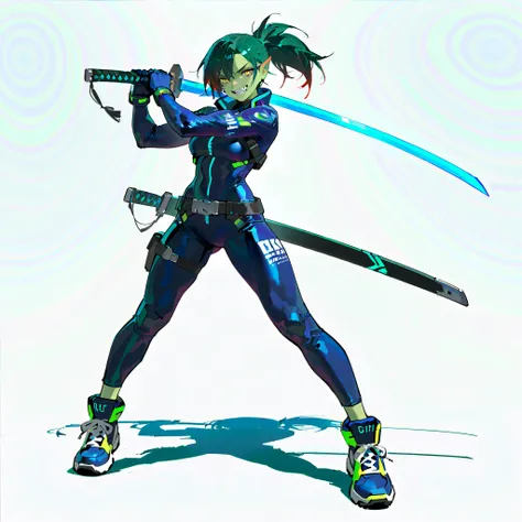 (((masterpiece))), (((Best Quality))), ((Ultra-detailed)), (High Definition anime Illustration), ((extremely delicate and beautiful)),((1 orc girl)),solo, Full body, night-blue ponytail hair style and yellow eyes,((blue Cyber-suit))((holds a sword in a sca...