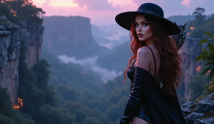 A seductive sorceress with wavy auburn hair, piercing green eyes, wearing a dark wide-brimmed hat and a revealing leather outfit, standing majestically at the edge of a massive rocky cliff, overlooking a vast, glowing enchanted forest filled with magical f...