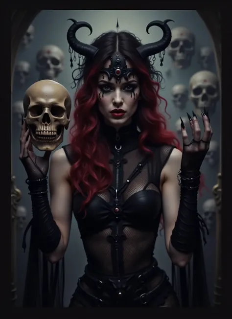 arafed woman in fishnets holding a skull in front of her face, gothic horror vibes, goth girl aesthetic, adorned with demon skulls, darkwave goth aesthetic, goth asthetics, pale goth beauty, goth aesthetic, gothic aesthetic, holding a skull, black metal ae...