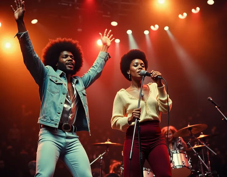 A vibrant, ultra-realistic color photo of a dynamic 1970s soul concert on a large, crowded stage. Centered, a charismatic Black male performer with a voluminous, perfectly shaped afro raises his arms triumphantly, wearing a light blue denim jacket over a s...