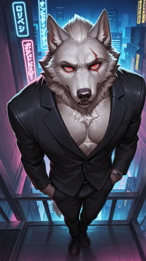 masterpiece,Highest Quality,great quality, Self-expression solo, anthro,rooftop、Realistic neon cityscape gentleman
werewolf man black suit, white body hair red eyes, facial wound in the middle, , male, Rugged, Wolf Youth All Back
cyberpunk, neon light, Wat...