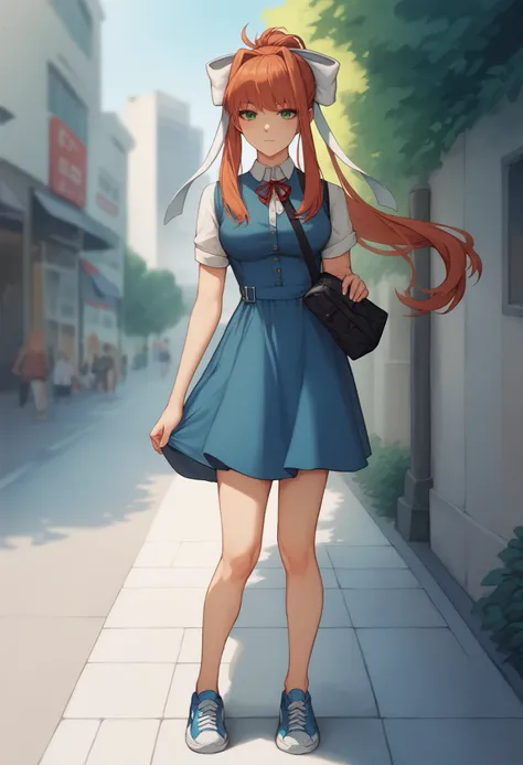 masterpiece, best quality, anime style, visual novel sprite style, 1girl, solo, monika ddlc, green eyes, long hair, hair down, natural pose, standing, casual dress, shirt dress, button-up dress, knee-length, belted dress, navy blue dress, sneakers, small c...