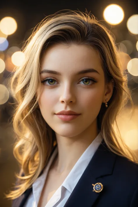 Un portrait en gros plan captivant d'un joli petit oiseau illuminé par la douce lumière dorée d'un matin tranquille, avec des boules de bokeh vibrantes encadrant délicatement sa forme délicate.