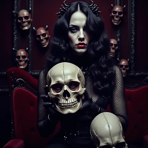 arafed woman in fishnets holding a skull in front of her face, gothic horror vibes, goth girl aesthetic, adorned with demon skulls, darkwave goth aesthetic, goth asthetics, pale goth beauty, goth aesthetic, gothic aesthetic, holding a skull, black metal ae...