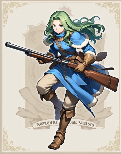 Tactics Ogre style,Medieval Fantasy Style、green hair,gunner ,gun,in a dynamic pose、nostalgia,『Sleepless nights』