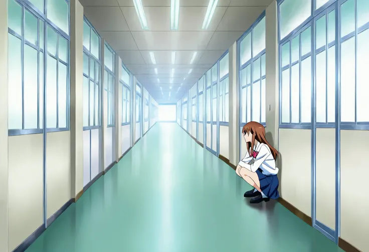 japanese_school_hallway, Source_anime, anime art, anime style, (((modern hallway))), white doors in the audiovisual room, (((Leaning against the wall))), a high school girl squatting in front of it, knees, physical sitting, KJOmarin, anime, school blouse, ...