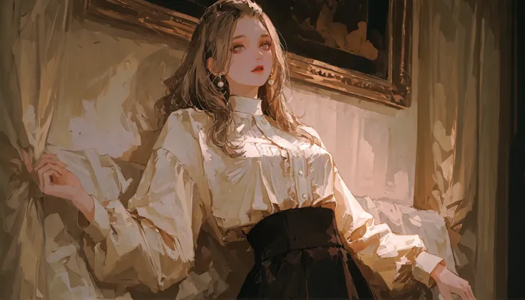 A refined woman with effortless elegance and classic beauty. She has soft, wavy chestnut hair neatly pinned back, and calm, intelligent hazel eyes. Dressed in a vintage cream silk blouse and a high-waisted tailored skirt, she accessorizes with delicate pea...