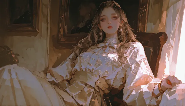A refined woman with effortless elegance and classic beauty. She has soft, wavy chestnut hair neatly pinned back, and calm, intelligent hazel eyes. Dressed in a vintage cream silk blouse and a high-waisted tailored skirt, she accessorizes with delicate pea...