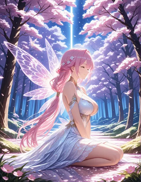 (fantasic illustrations,cinematic lighting),forest,1girl,from side,sitting under sakura tree,flying blossoms,(fairy),gentle smile,pink hair,low tied long hair,pure white dress,large breasts,((masterpiece, best quality, extremely detailed, absurdres)),