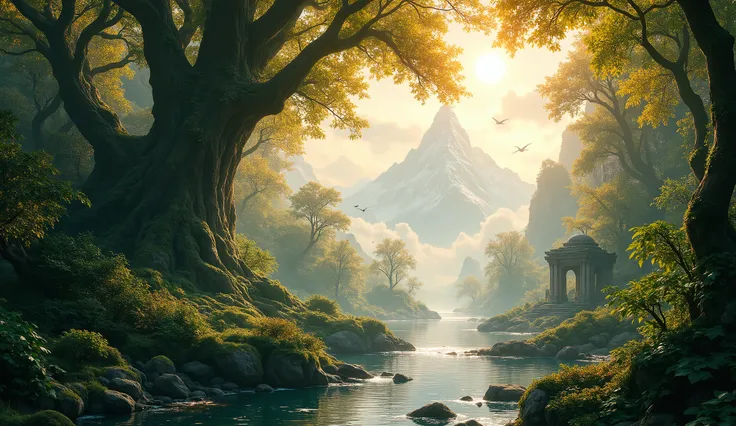 An epic, breathtaking fantasy landscape featuring a vast ancient forest with colossal, towering trees whose leaves shimmer in emerald and gold. In the distance, majestic, snow-capped mountains rise above a sea of mist, their peaks piercing the clouds. A cr...