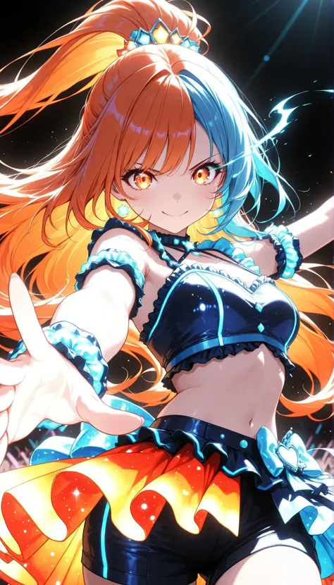 Beauty Idol, orange hair that bulges up cheeks:1.4, High Position Super Long Ponytail , blue hair accessory , orange eyes, colorful , neonライト, eye trail:1.4, cowboy shot,face close-up, Live Stage, lively, black background, Glowing Contours, neon, Black L...