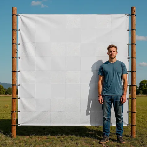 there is a man standing in front of a white screen in a field, portrait photo of a backdrop, large scale photo, non-illuminated backdrop, large format picture, large format photograph, giant scale, whitespace border, erik johansson style, huge scale, arran...