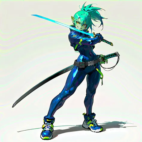 (((masterpiece))), (((Best Quality))), ((Ultra-detailed)), (High Definition anime Illustration), ((extremely delicate and beautiful)),((1 orc girl)),solo, Full body, (night-blue ponytail hair style),yellow eyes,((blue Cyber-suit))((holds a sword in a scabb...