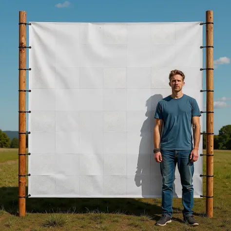 there is a man standing in front of a white screen in a field, portrait photo of a backdrop, large scale photo, non-illuminated backdrop, large format picture, large format photograph, giant scale, whitespace border, erik johansson style, huge scale, arran...