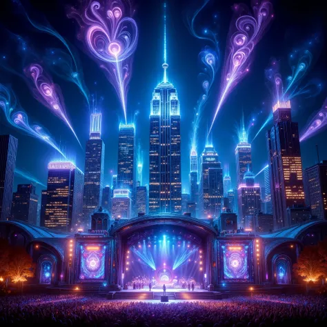 (masterpiece:1.2),(Highest quality),(Super detailed),(Ultra-high resolution),(Best illustrations),8k,wallpaper,Manhattan、skyscraper(Music is playing)、 night view、Music Townscape,  Huge Music Notes Symbol, Rock Concert, Large Stage Of Music Festival.
