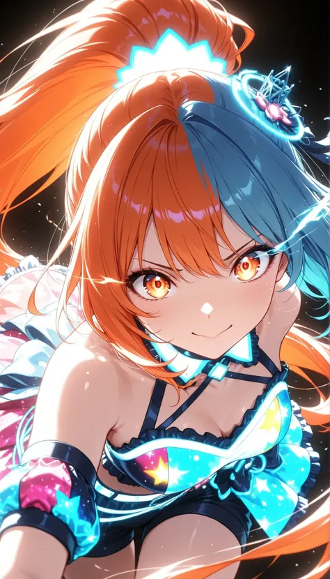 Beauty Idol, orange hair that bulges up cheeks:1.4, High Position Super Long Ponytail , blue hair accessory , orange eyes, colorful , neonライト, eye trail:1.4, cowboy shot,face close-up, Live Stage, lively, black background, Glowing Contours, neon, Black L...