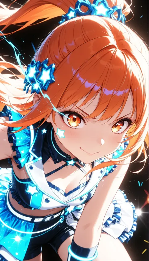 Beauty Idol, orange hair that bulges up cheeks:1.4, High Position Super Long Ponytail , blue hair accessory , orange eyes, colorful , neonライト, eye trail:1.4, cowboy shot,face close-up, Live Stage, lively, black background, Glowing Contours, neon, Black L...