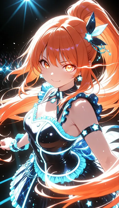 Beauty Idol, orange hair that bulges up cheeks:1.4, High Position Super Long Ponytail , blue hair accessory , orange eyes, colorful , neonライト, eye trail:1.4, cowboy shot,face close-up, Live Stage, lively, black background, Glowing Contours, neon, Black L...