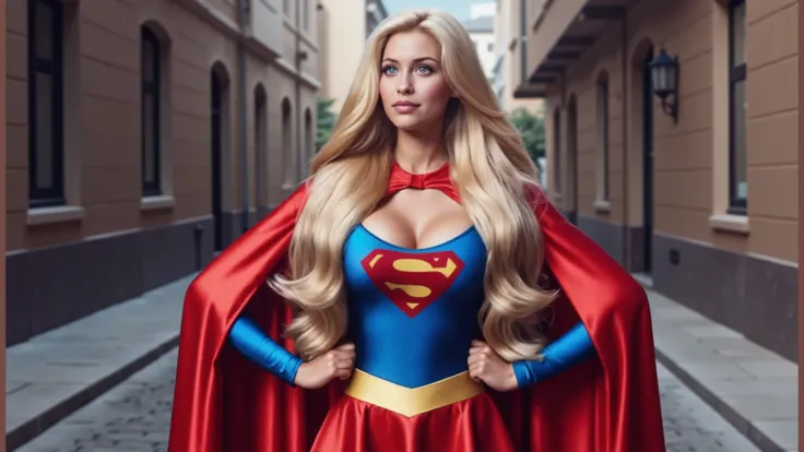Voluptuous blonde supermodel with big BLUE EYES wearing a SUPERGIRL outfit. She wears a majestic red satin cape. The cape fabric wraps over her shoulders and flows around her arms and elbows. Cape covering her shoulders and arms. She wears a royal blue spa...